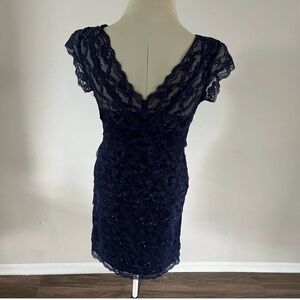 Marina Blue Short Sleeve V Neck Sheer Lace Beaded Cocktail Dress Women’s Size 6P